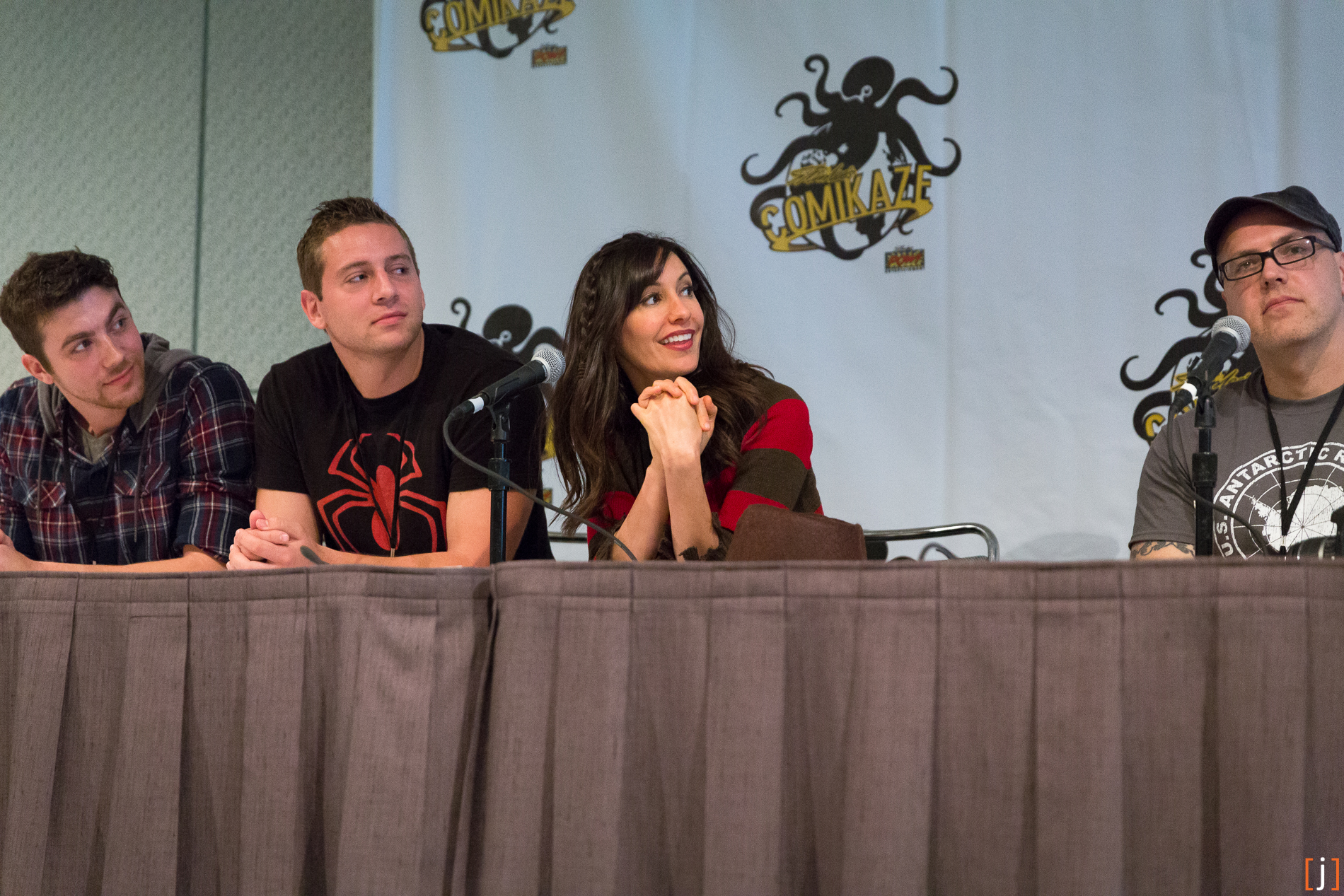 Carter, Ed Ricker, Charlene Amoia, and Ari Kirschenbaum at a Q&A following Live Evil's screening at Stan Lee's Comikaze Expo.