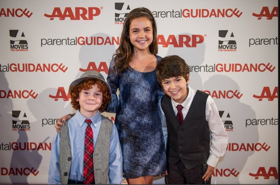Kyle Harrison Breitkopf with Bailee Madison and Joshua Rush at AARP pre-screening of 