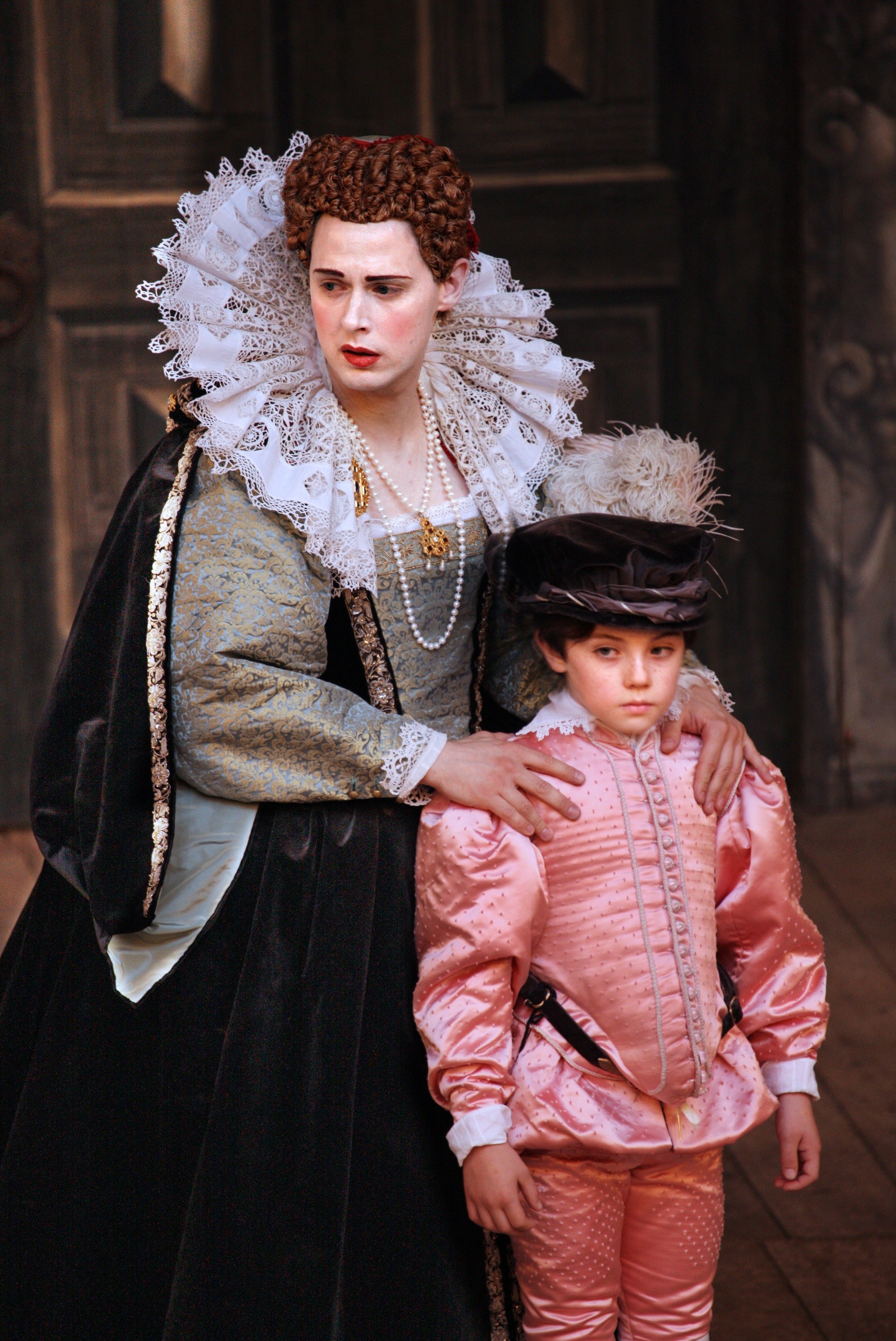 Lorenzo (right) on stage of RICHARD III as Richard, Duke of York, with Samuel Barnett (left) as Queen Elizabeth, at Shakespeare's Globe Theatre, London (2012)