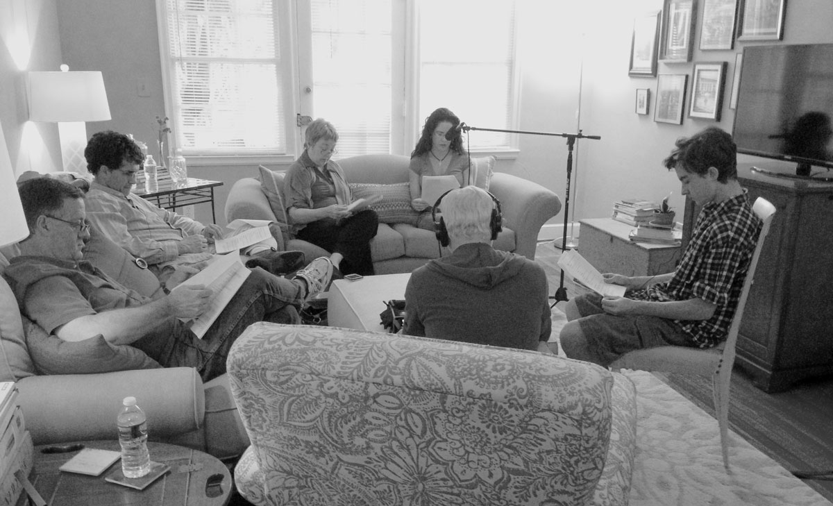 Atlanta-based actors Wayne Hughes, Barry Stewart, Sheri Mann-Stewart, Holly Morris, and Tendal Mann reading Gravel Heart with writer/director Michael Curtis.