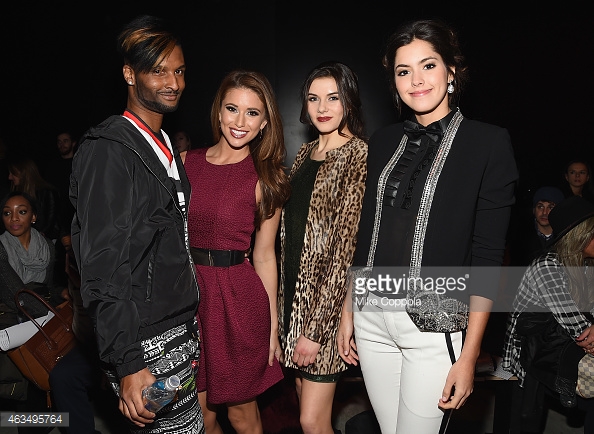L-R) Chosen Wilkins, Miss Universe Paulina Vega, Miss USA Nia Sanchez and Miss Teen USA, K. Lee Graham attend the Venexiana fashion show during Mercedes-Benz Fashion Week Fall 2015 at The Pavilion at Lincoln Center on February 14, 2015 in New York City.