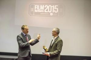 Andrew Griffin receiving the Public Vote award at Film Northants Film Festival.
