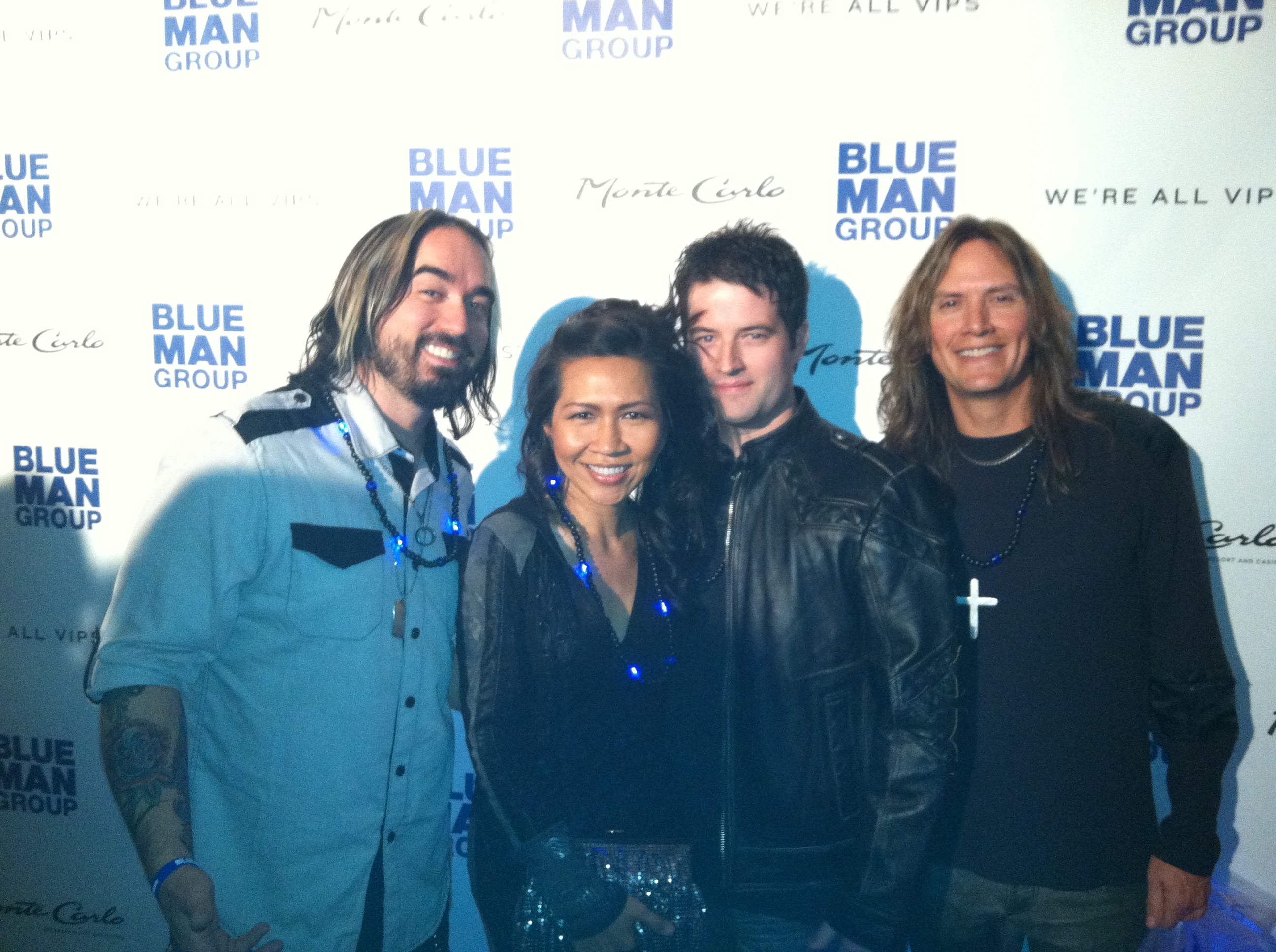 Producer/Director Danny Draven, composer Jojo Draven, Otherwise's drummer Corky Gainsford and Slaughter's drummer Blas Elias at the Blue Man Group grand opening night at Monte Carlo Resort in Las Vegas on November 14, 2012.