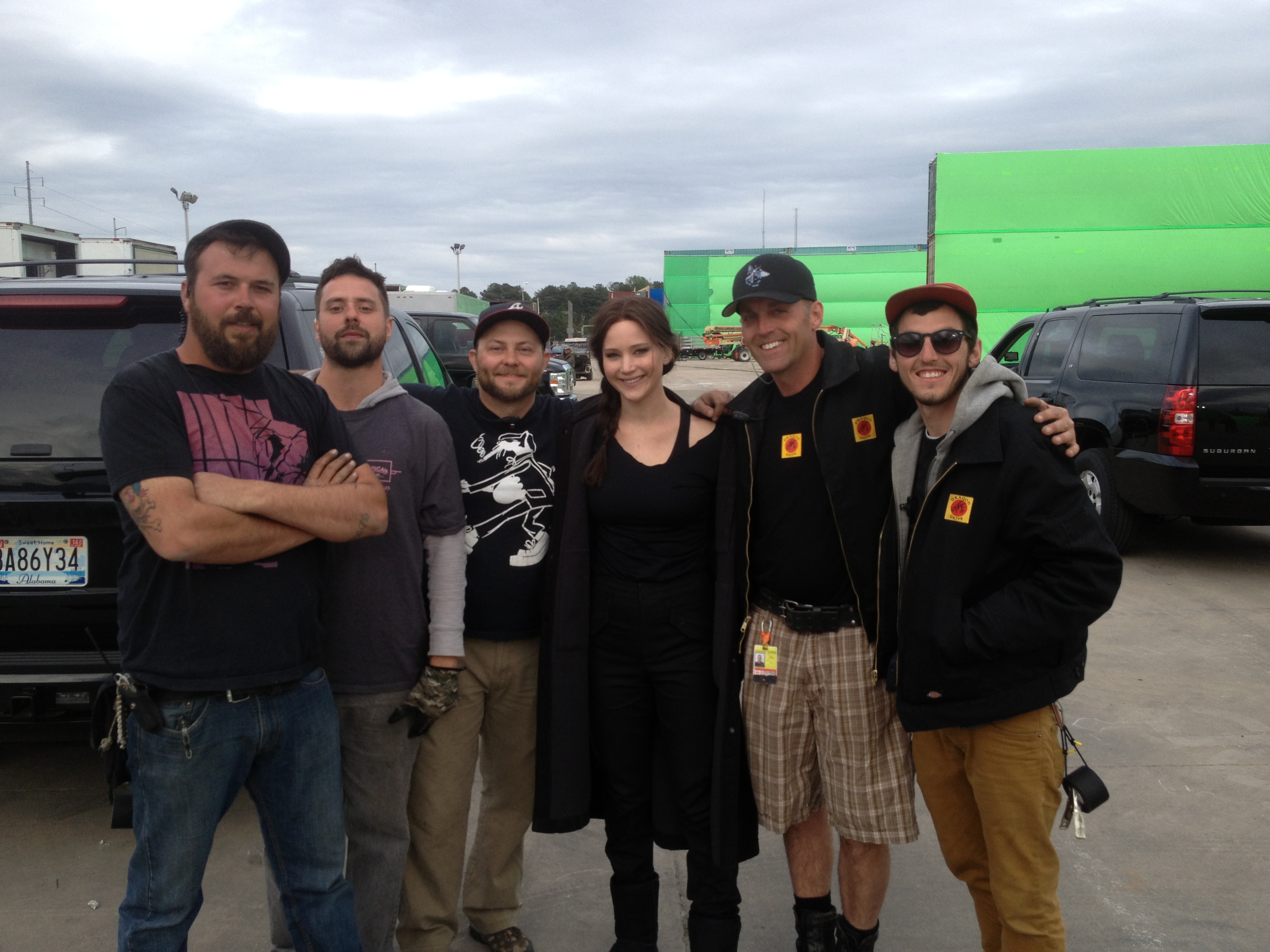 Last day of principal photography in the states on Mockingjay. Jennifer Lawrence with the Dragon Grip crew.