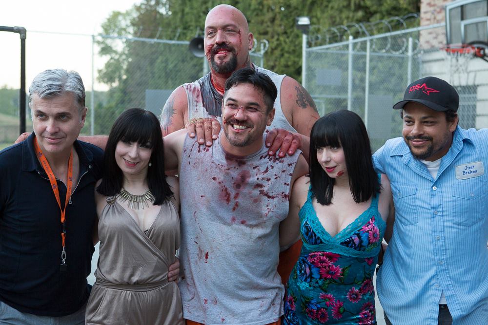 From left to right - Donald Munro, Jen Soska, Paul 'Big Show' Wight, Dean Cain, Sylvia Soska, and Kimani Smith on the set of Vendetta.