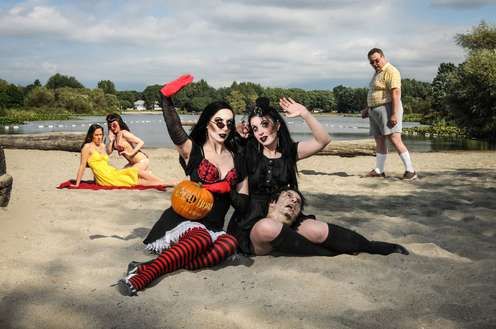 Sylvia (right) with her twin sister, Jen (left), for a Women in Horror Calendar shoot by Shimona Henry.