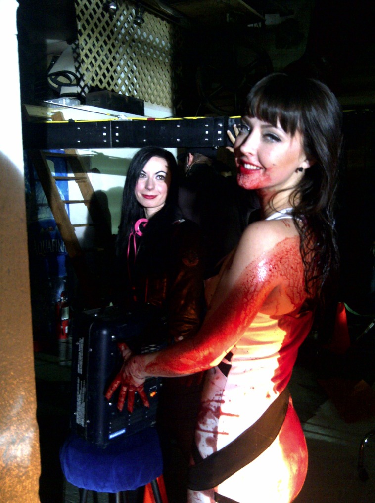 Sylvia (left) with Katharine Isabelle (right) as Mary Mason on the set of American Mary.