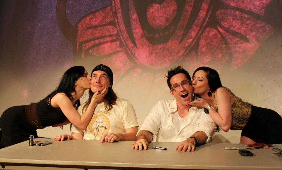 Sylvia (far right) with her twin sister, Jen (far left), and Terrance Zdunich (middle left) and Darren Lynn Bousman (middle right).