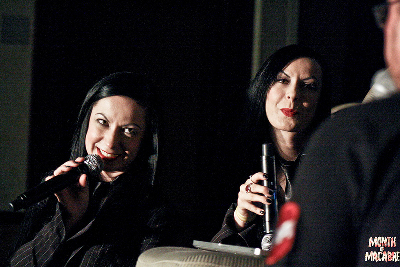 Sylvia (left) with her twin sister, Jen (right), at the Masters FX panel at Monster Fest.