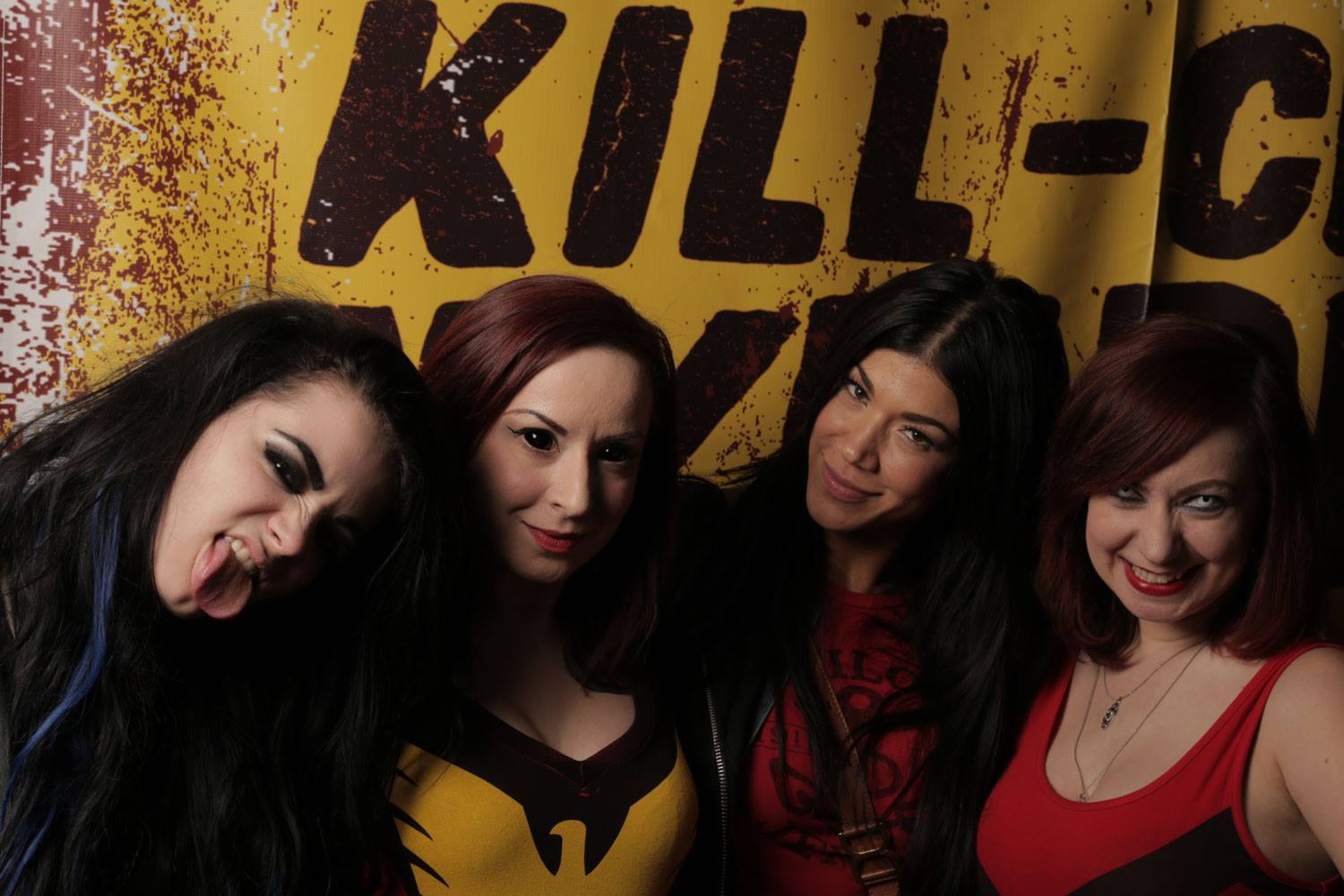 From left to right, WWE Diva Paige, Jen Soska, WWE Diva Rosa Mendez, and Sylvia Soska at a fundraiser party for the twins' upcoming very graphic novel, Kill-Crazy Nymphos Attack!