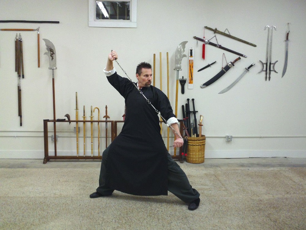 Michael Dawson wields the Whipchain (or Steel Whip), a traditional kung-fu weapon (2014).