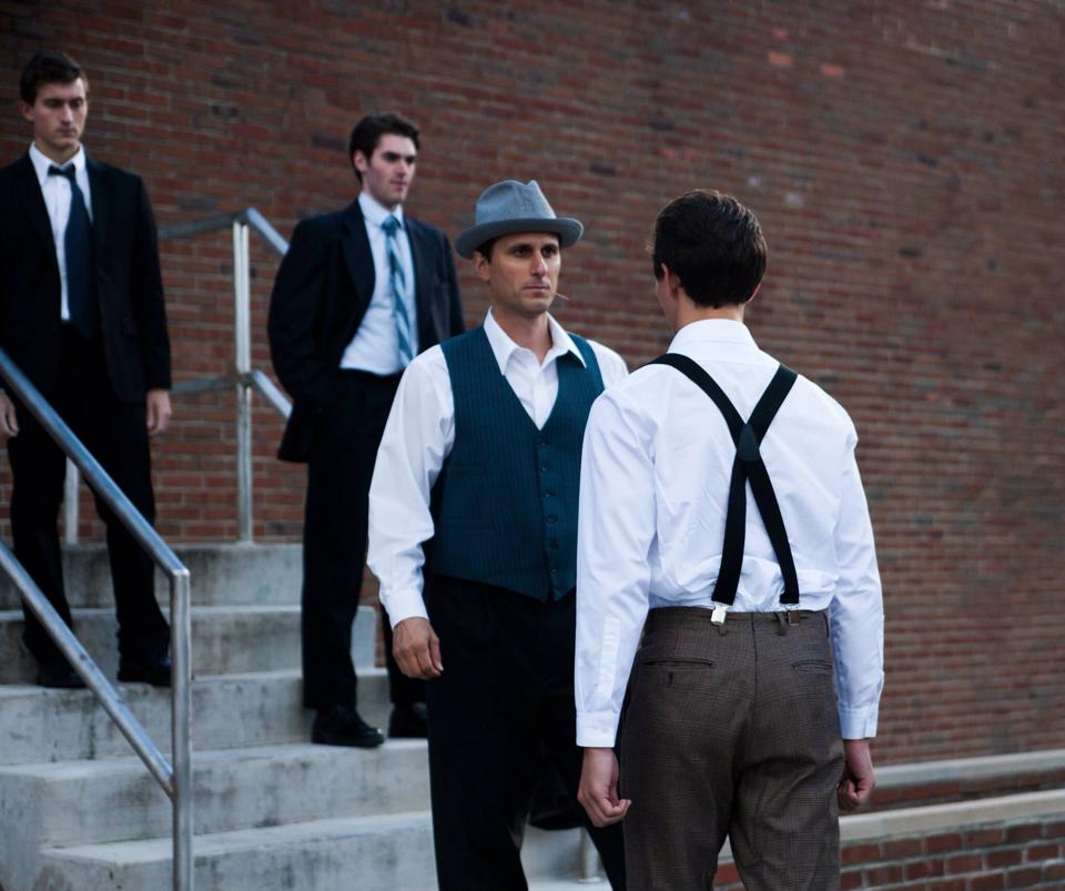 Toothpick Paulie on location during the filming of Gangster Report confronting David with his associates. 2014.