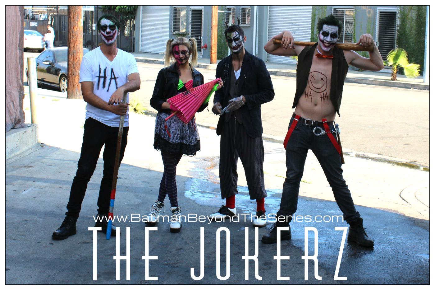 Pave Mara (middle), Kaye L. Morris (middle), Josh Madson (right) and Andrés Segovia (left) in full Jokerz costume and make-up on set of Batman Beyond The Series
