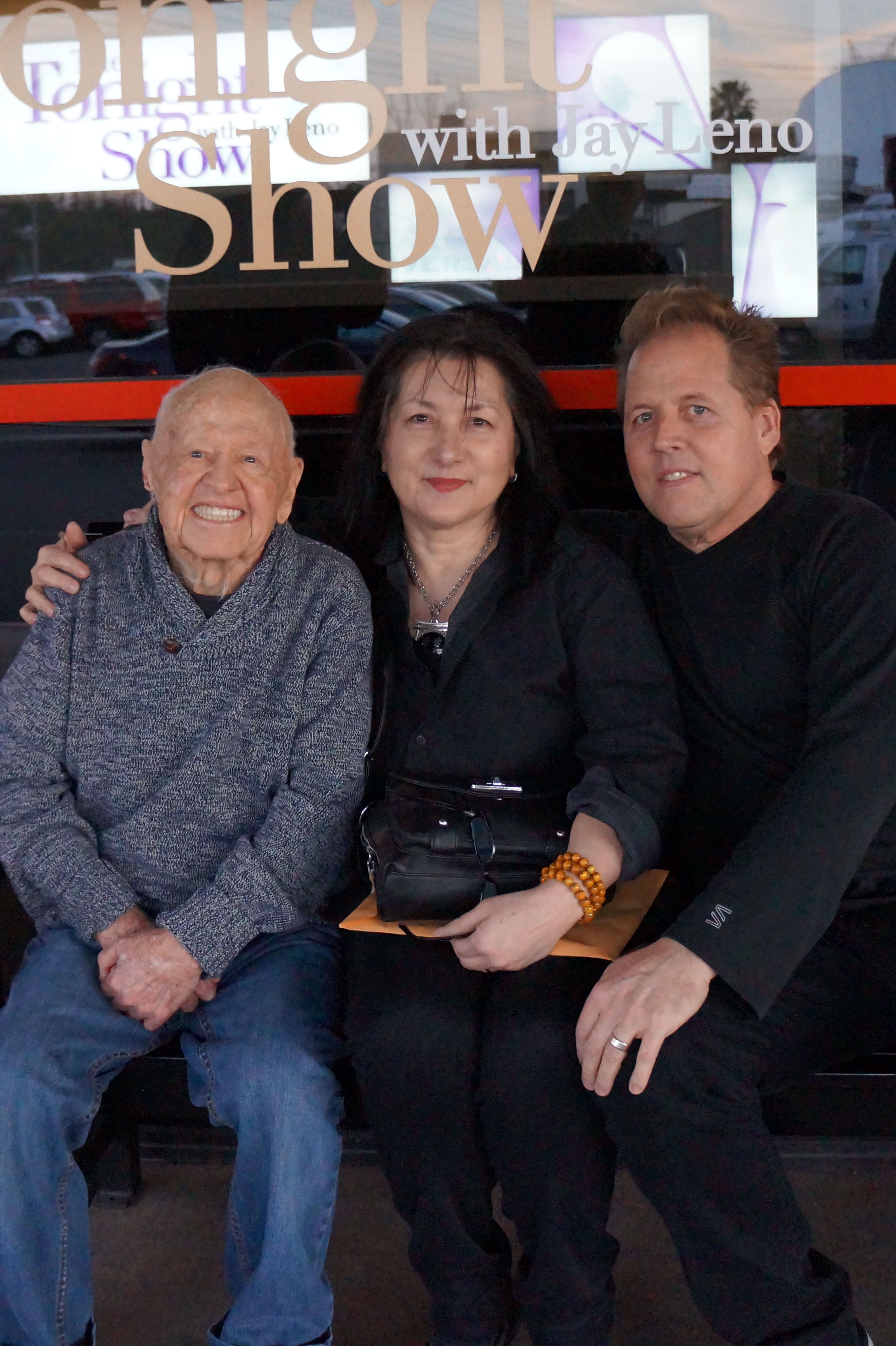 Mickey Rooney, daughter-in-law Charlene Rooney and son Mark Rooney saying goodbye to Jay Leno at the Tonight Show 2/5/2014