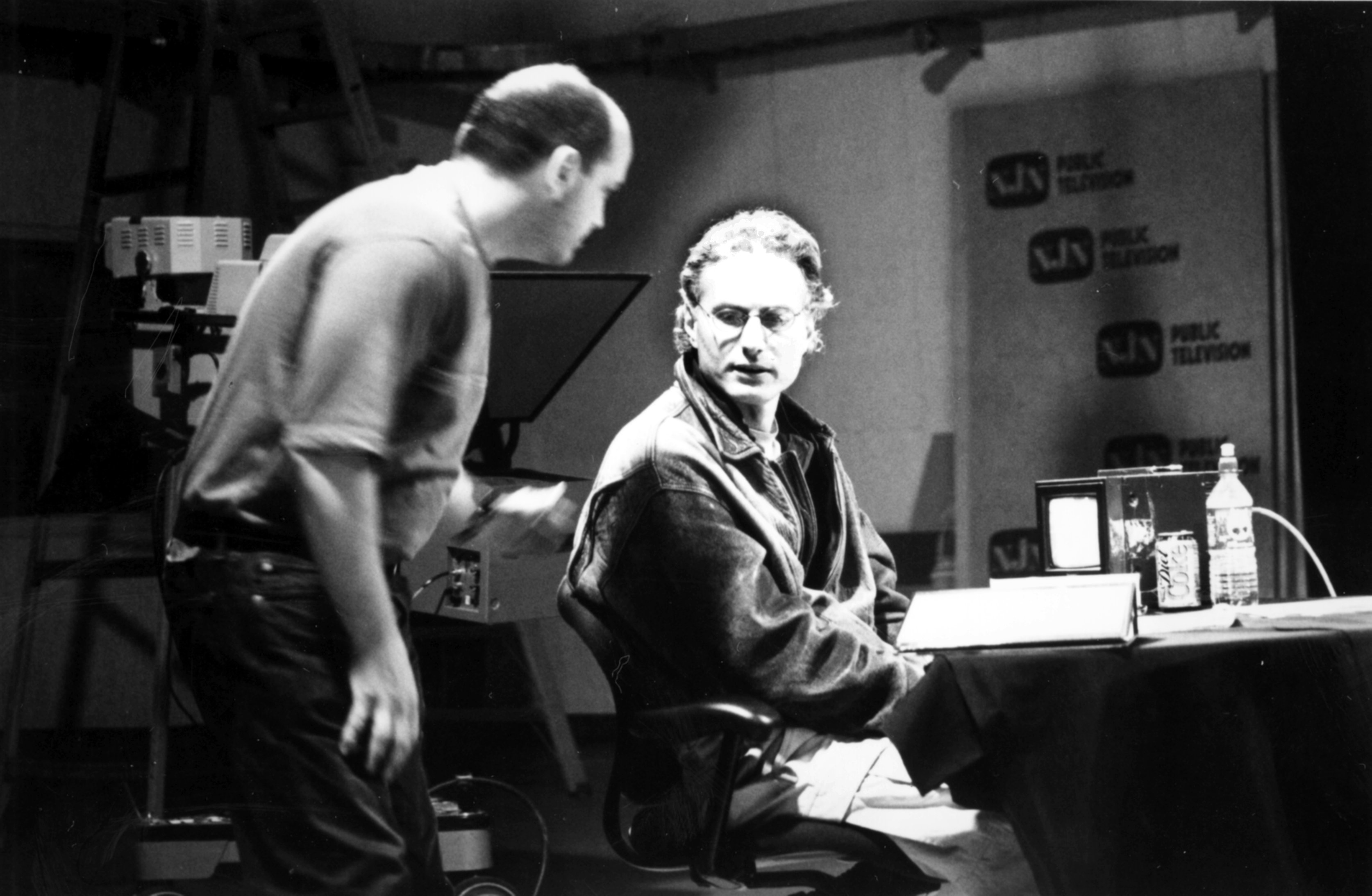 Marx confers with floor director during shoot at NJN, Newark, for BOYS TO MEN, 2000.