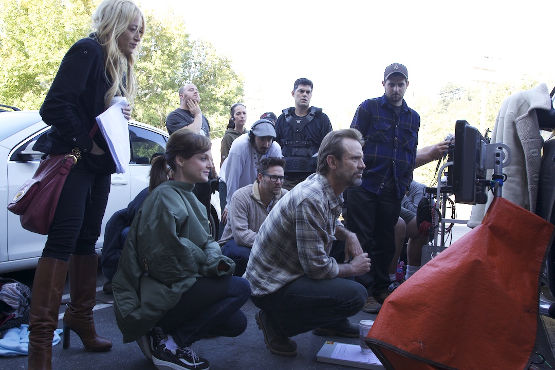 Jennifer Blanc and Dana Daurey watching Michael Biehn Directing The VictIm which they act in with him