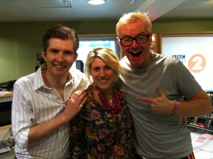 Director, Susannah Farrow shooting at BBC Radio 2 Chris Evans' Breakfast Show with Gareth Malone and Chris Evans.