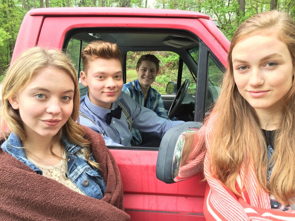 PK DeVan, Austin Filson, Madison Lintz and Sydney Sweeney on set of Tell Me Your Name