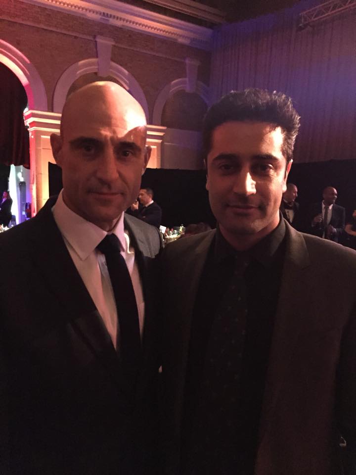 AJ Sangha at the BIFA Awards with Mark Strong