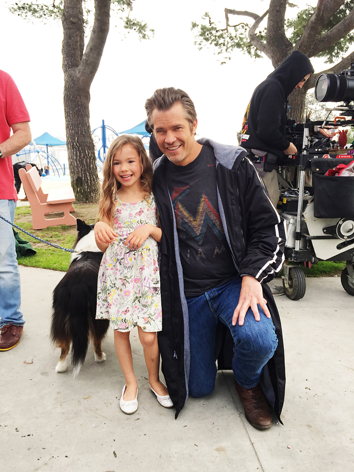 On set for Justified, Timothy Olyphant as Rylan Givens and Eden Henderson as Willa Givens.