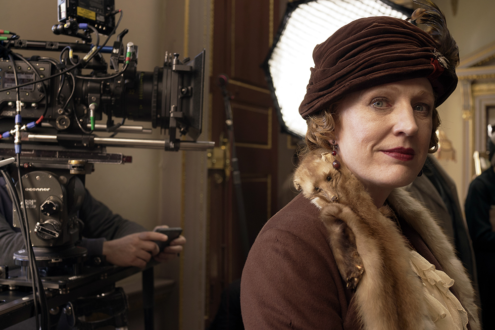 Actress Elaine Caulfield behind the scenes filming Downton Abbey Series 6 as Mrs Philip Henderson