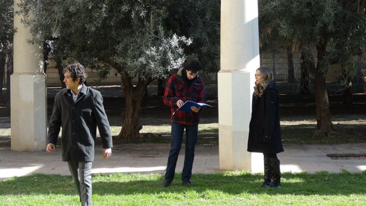 Director Álvaro Ortega discussing a scene with actress Ana Calabozo during the production of the feature film Anything Goes.