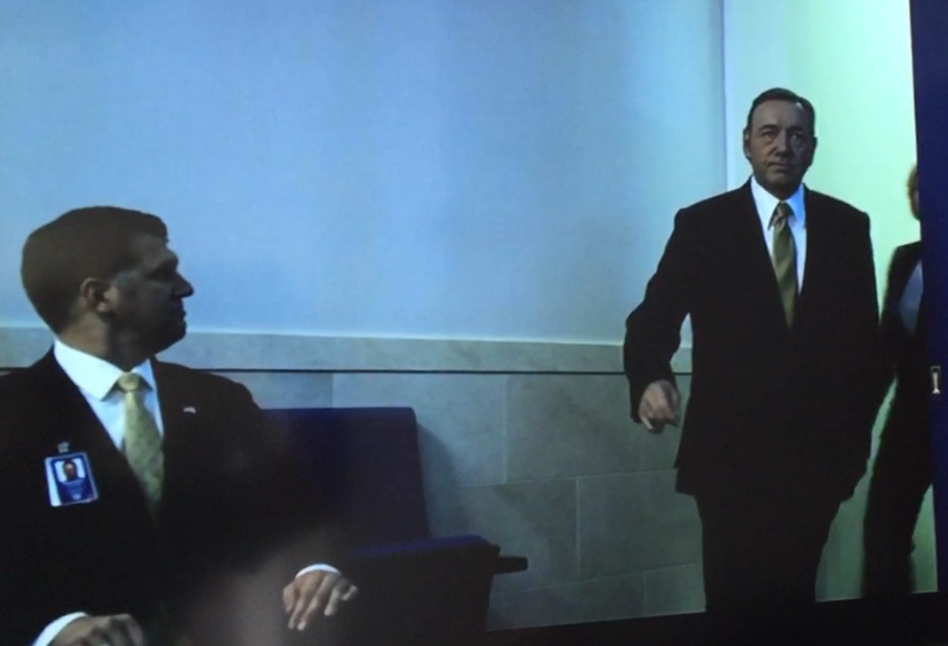 Andrew Borene (Senior White House Official) with Kevin Spacey (U.S. President Frank Underwood) on House of Cards in Season 3.