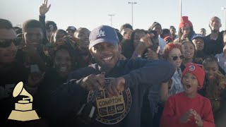 Brandin Stennis on set filming with Kendrick Lamar in Compton for 2016 Grammys video sing 