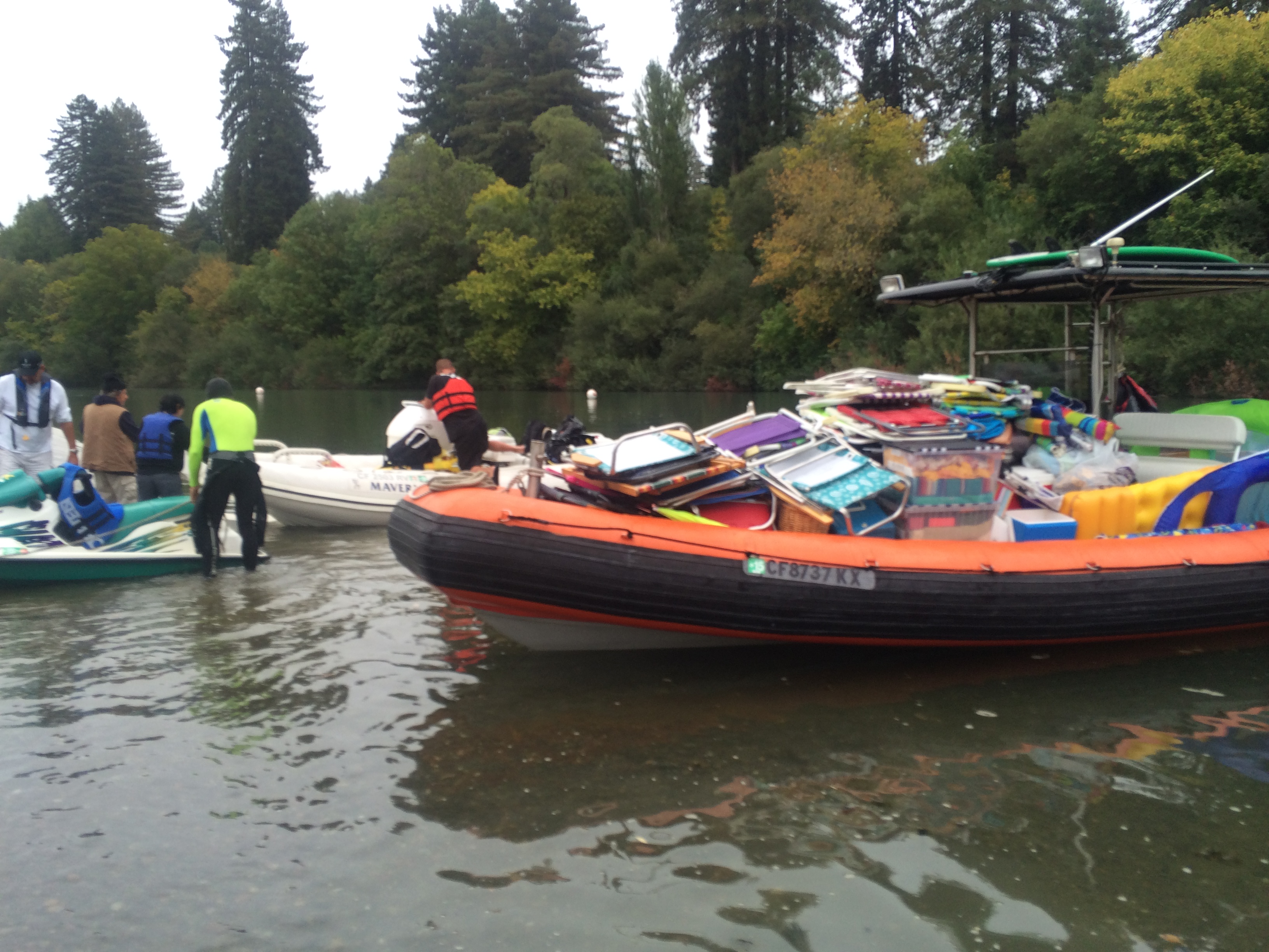 Vessel Tango and Captain Brent loading props for beach scene in remote location 5 miles up the Russian river