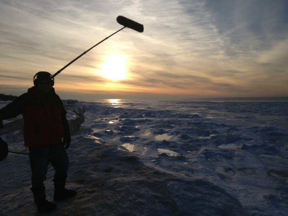 Boom-operating on an ice cliff, on Lake Michigan, at sunset!