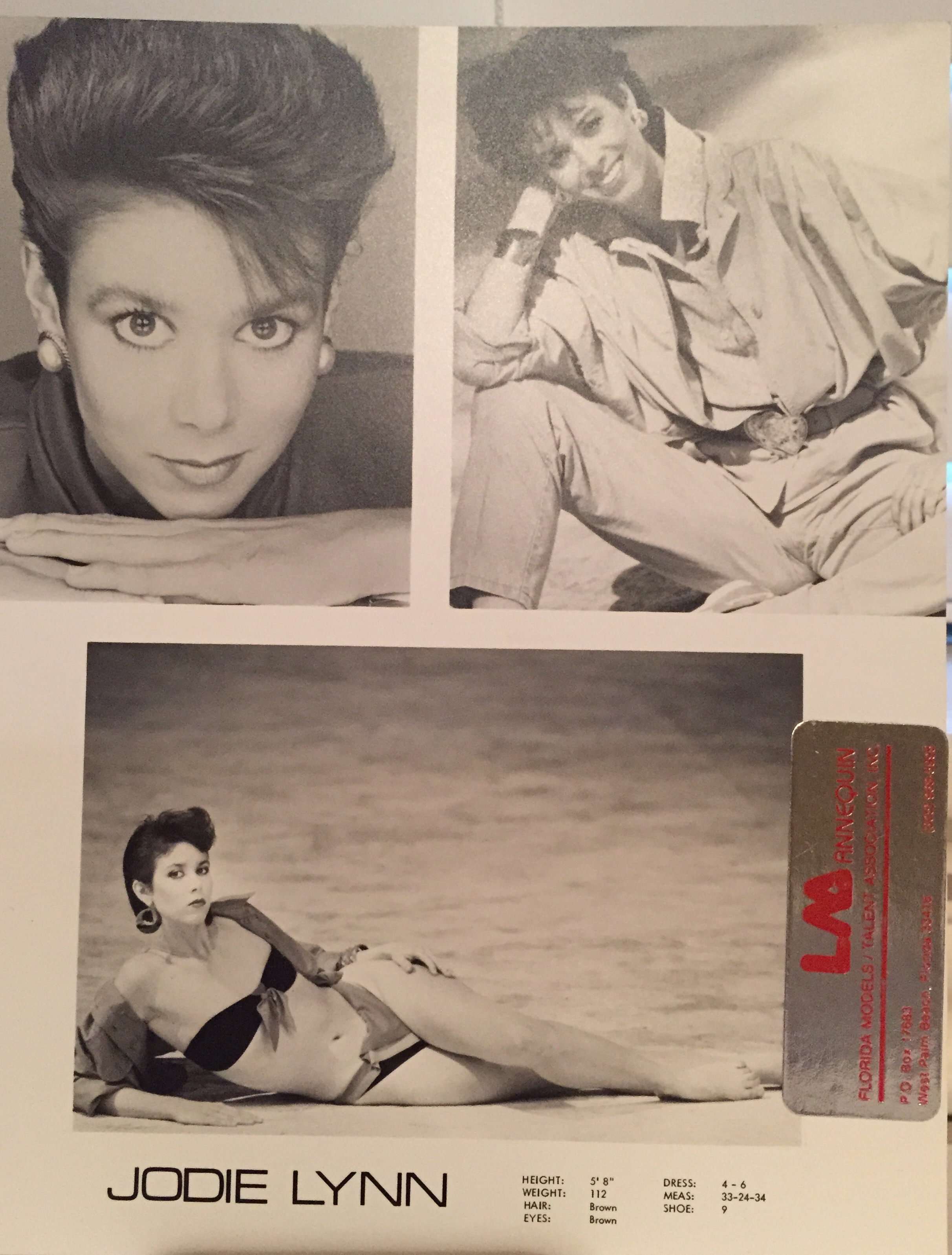 An early modeling comp. card featuring Jodie. Representing Le Mannequin Models, Palm Beach, Florida.
