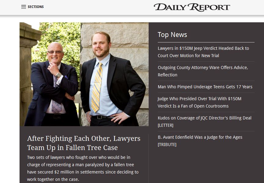 Front Page of Daily Report May 15, 2015 See article at http://www.dailyreportonline.com/id=1202726590814/After-Fighting-Each-Other-Lawyers-Team-Up-in-Fallen-Tree-Case?mcode=1202615995203