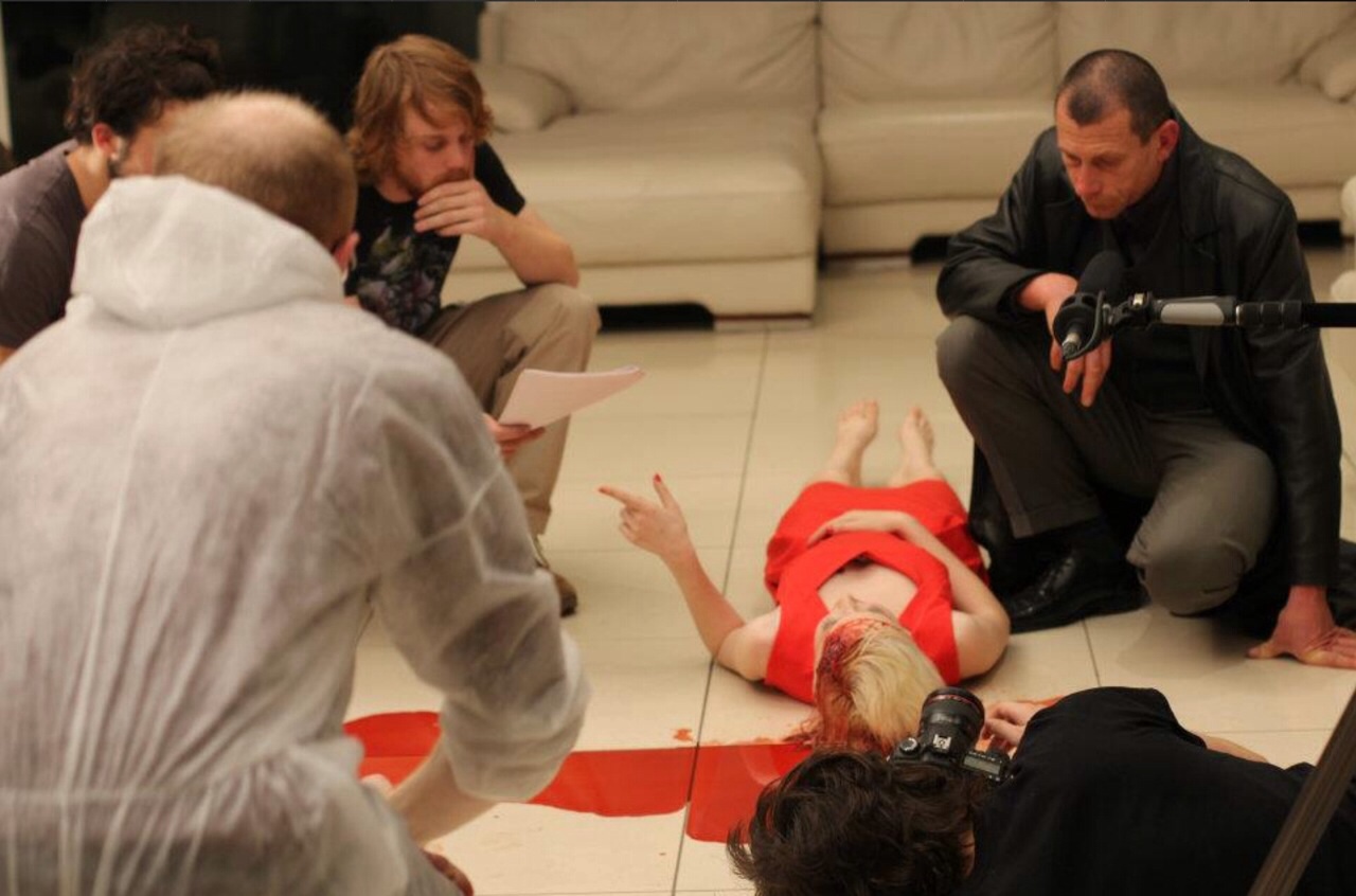 Leanne Faulkner and Joerg Stadler talk to director, Alex Stone on set. In Which We Burn (2013)
