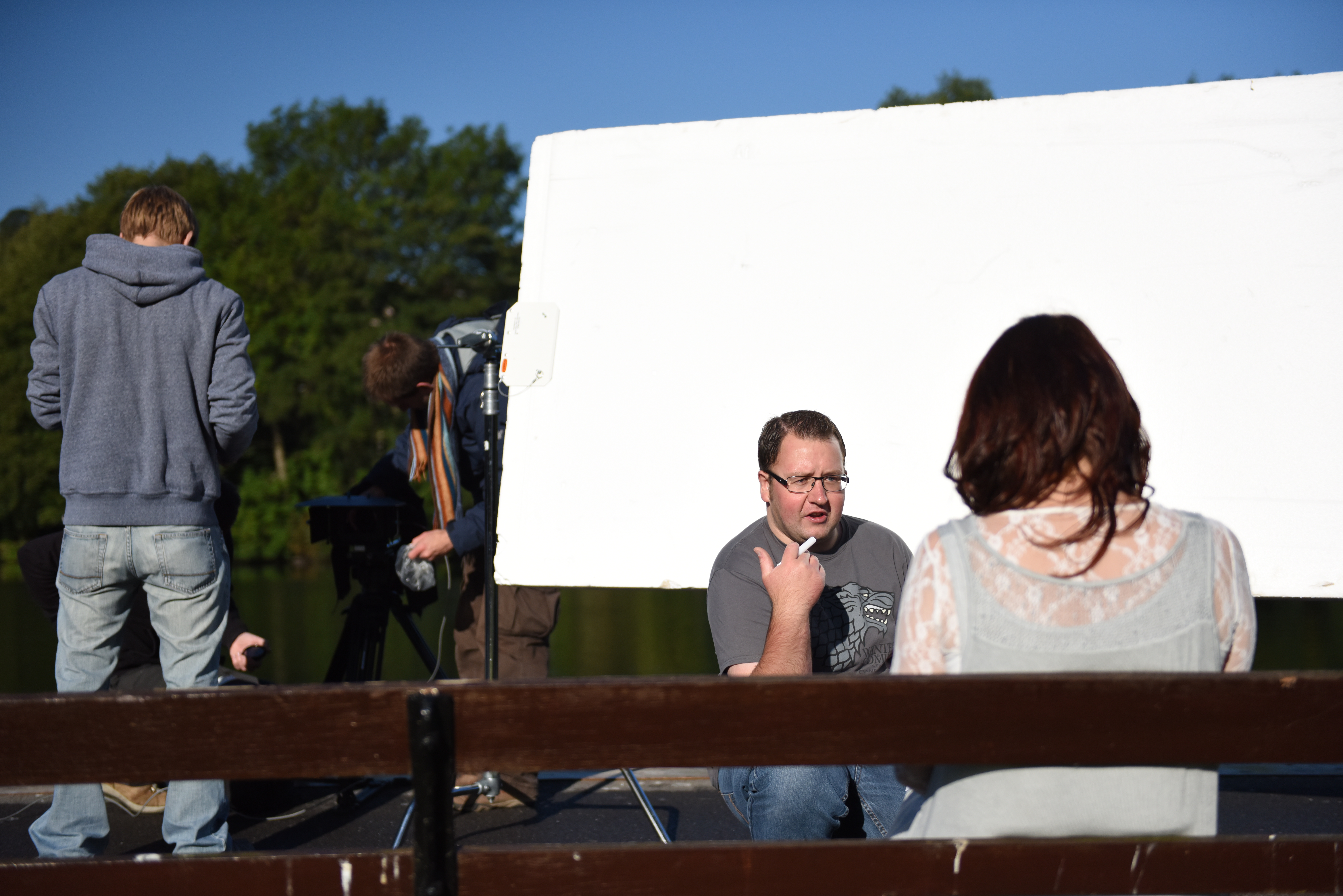 Director Ben Bloore going over a key scene in Crossing Paths with actress Michelle Darkin Price. Photo courtesy of Dan Lord