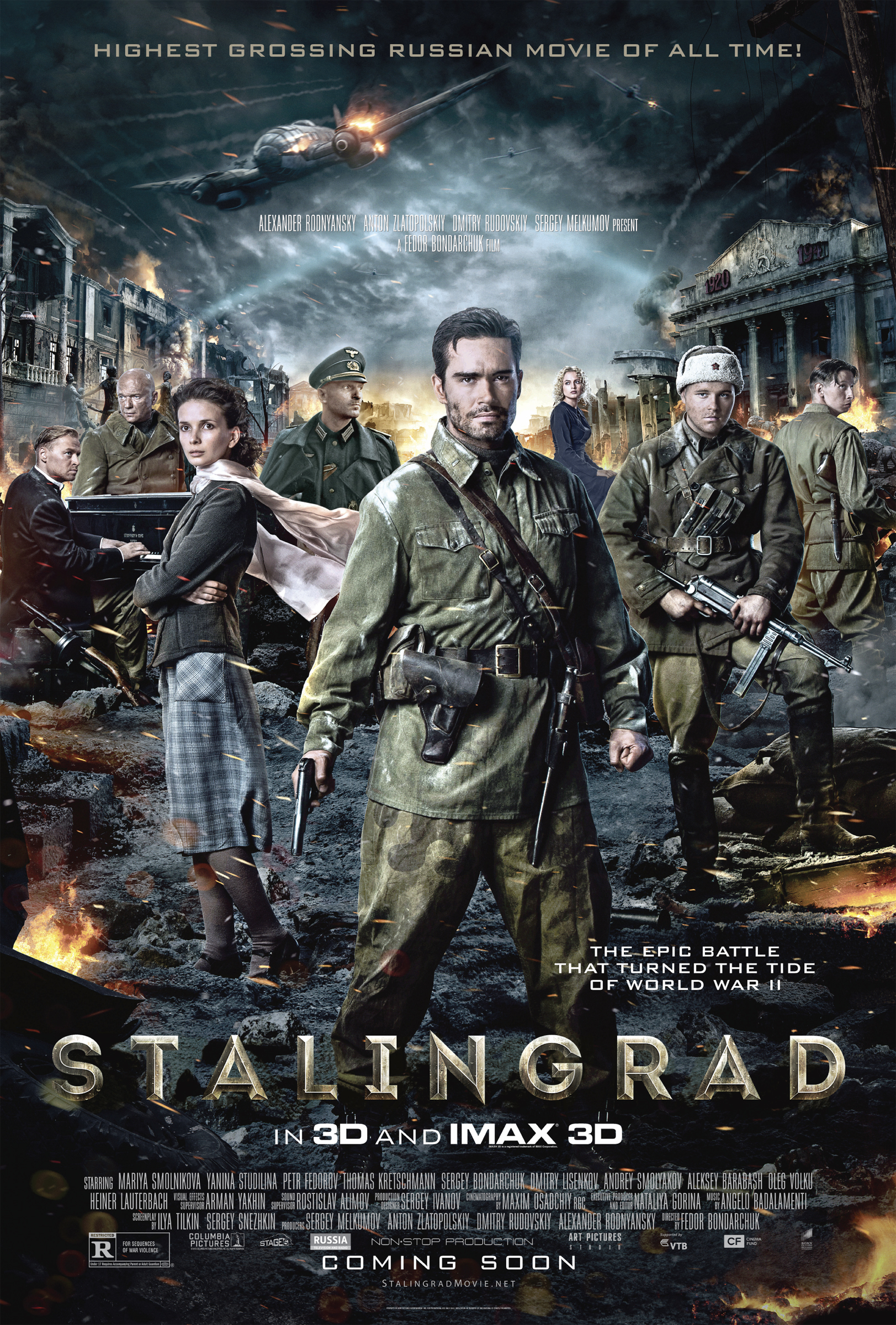 Thomas Kretschmann, Heiner Lauterbach, Andrey Smolyakov, Pyotr Fyodorov, Dmitriy Lysenkov, Yanina Studilina, Mariya Smolnikova and Sergey Bondarchuk in Stalingradas (2013)