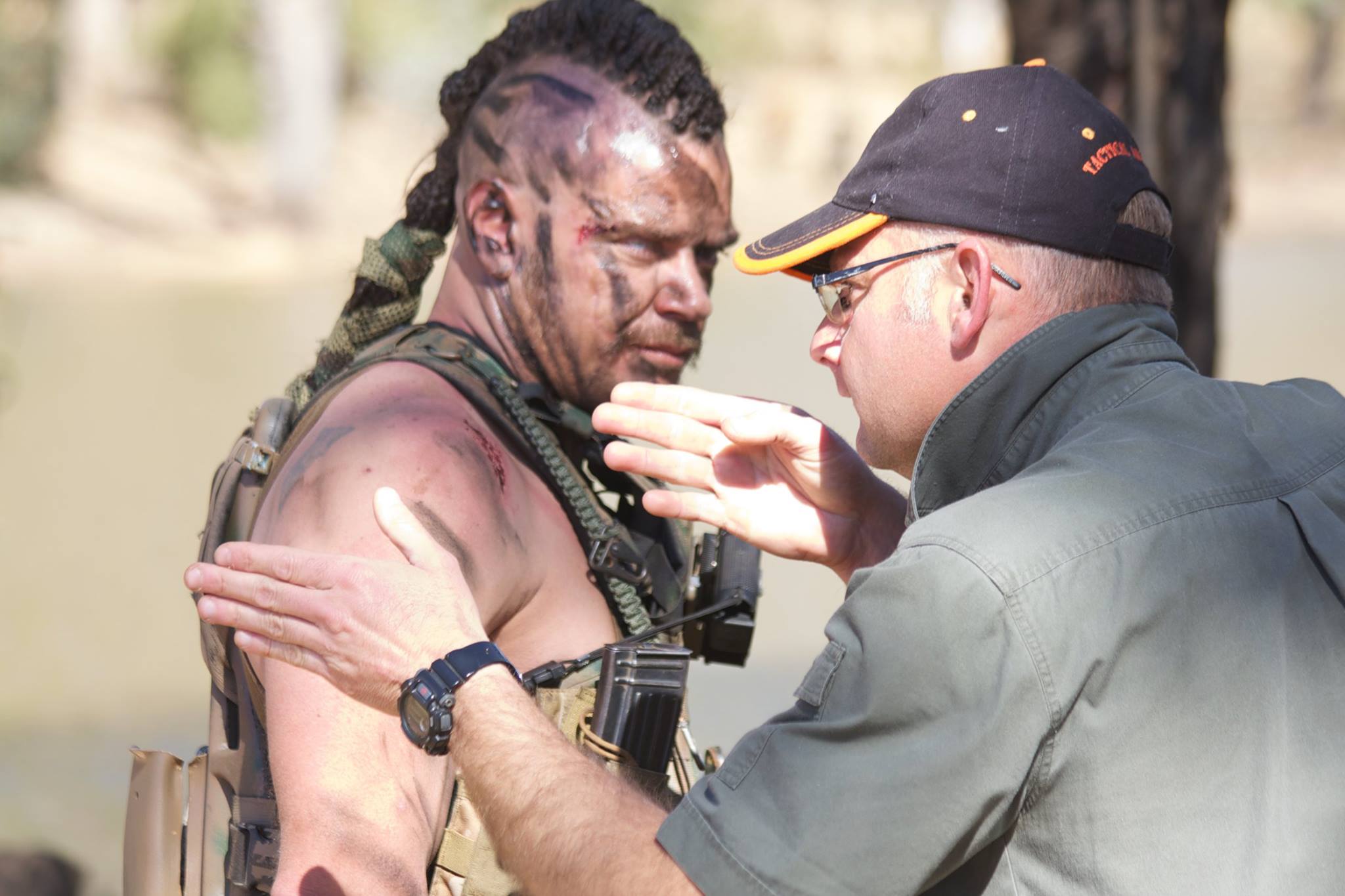 On set tactical advise with actor Brandon Auret. Making a Killing. 2015