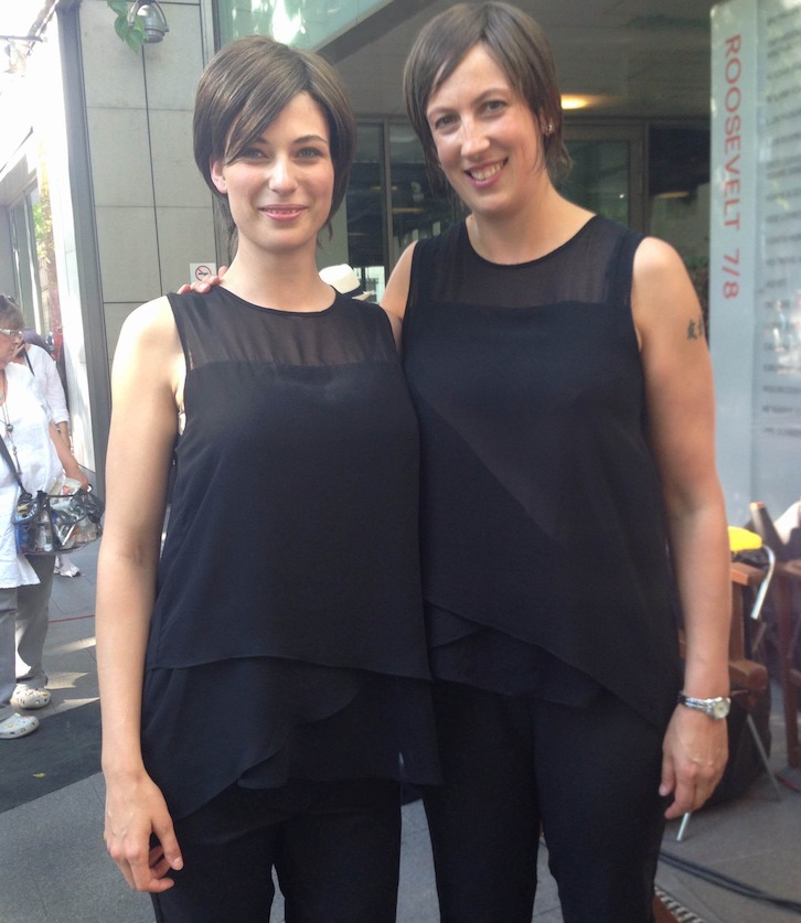 With Miranda Hart as her stunt double on the set of Spy in 2014