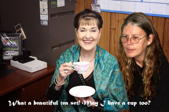 Having a 'cup o'tea' with friend Kerry Vincent . . . a little photoshop composite magic