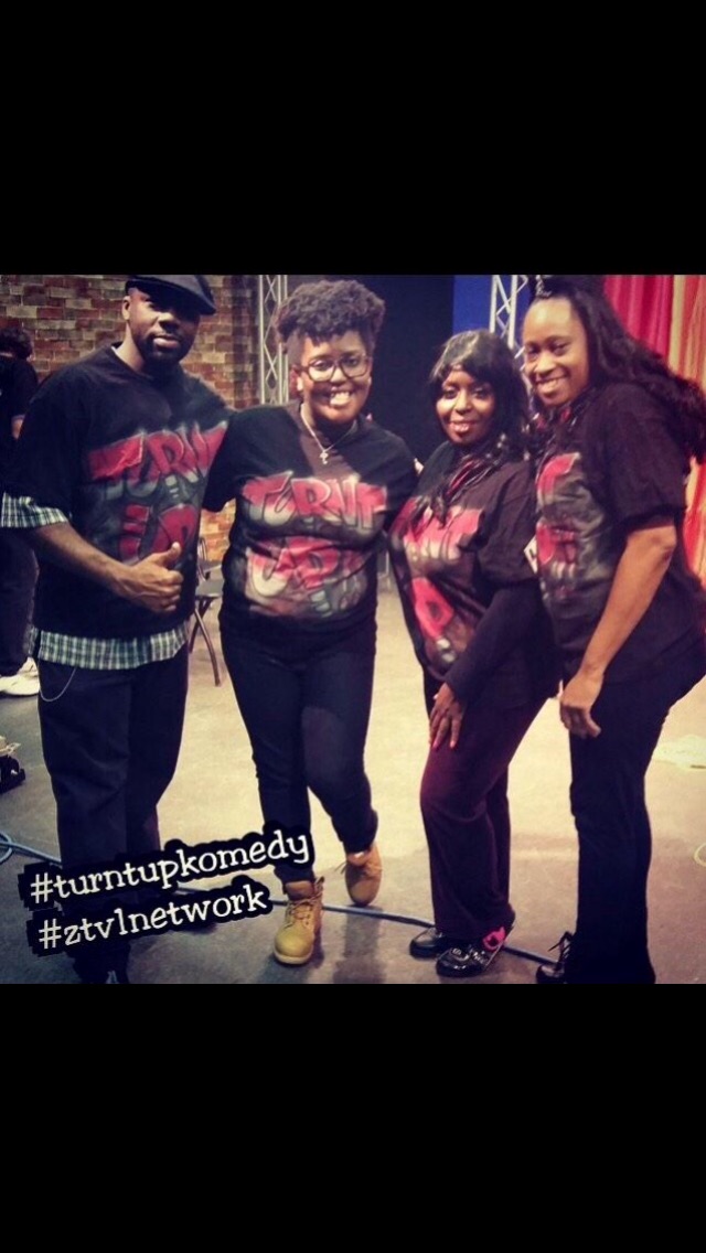 A few of the crew on the set of Turnt Up Komedy. From left to right: Camera Operator, Jesse James , Audio Engineer, BrooLynn Essence , Producer, Zsay Moore , Camera Operator, Synthia Miller.