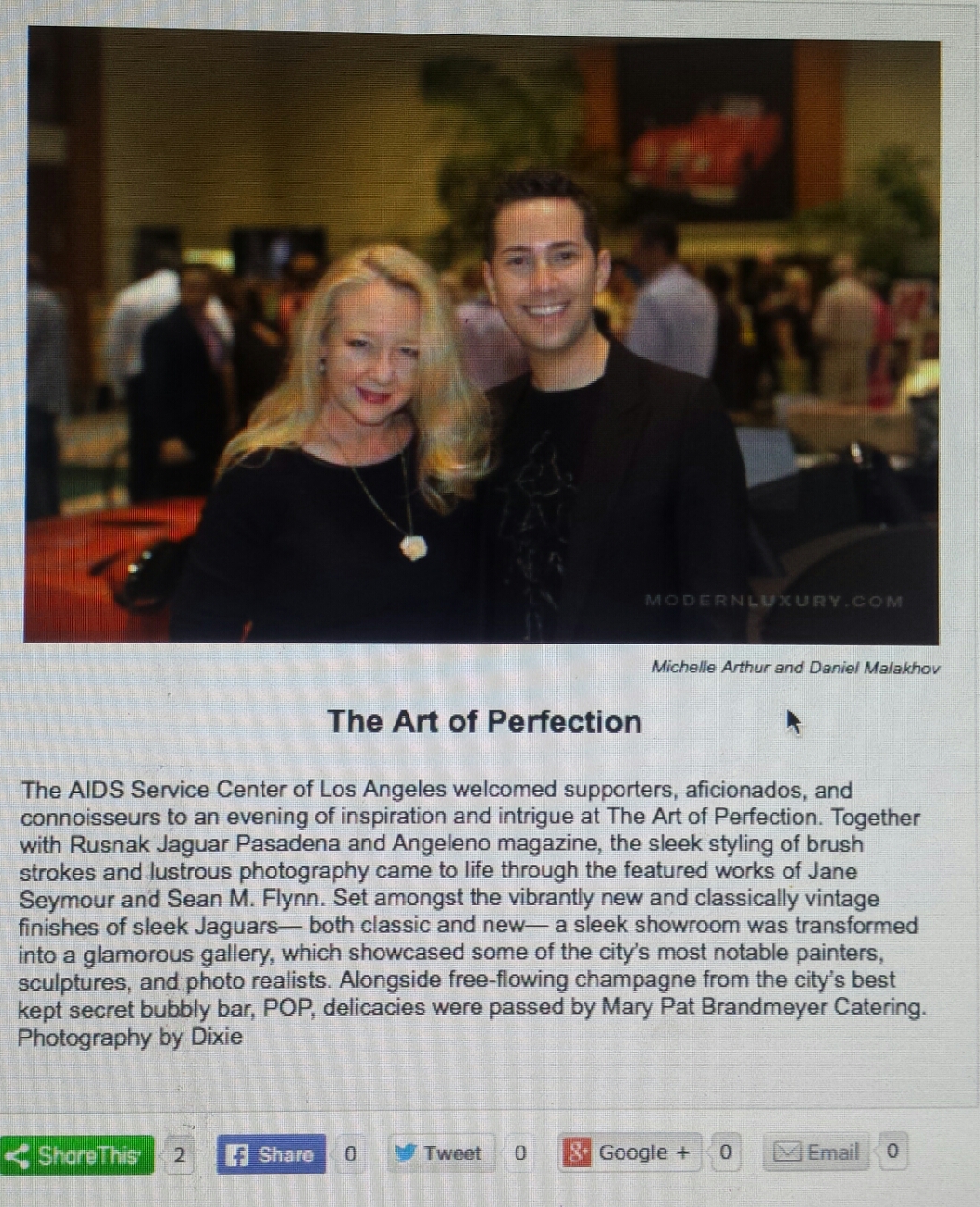 Article from Modern Luxury/Angeleno magazine's website. Artists' night with the work of Golden Globe winning Actress Jane Seymour and her son Sean M. Flynn
