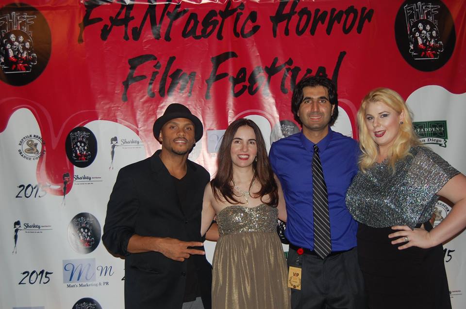 Kristin West and awards-nominated Seeking Valentina cast and crew memmbers (R to L) Armin Nasseri, Vida Ghaffari and SkyXross pose for the red carpet of the FANtastic Horror Film Festival Awards Ceremony.