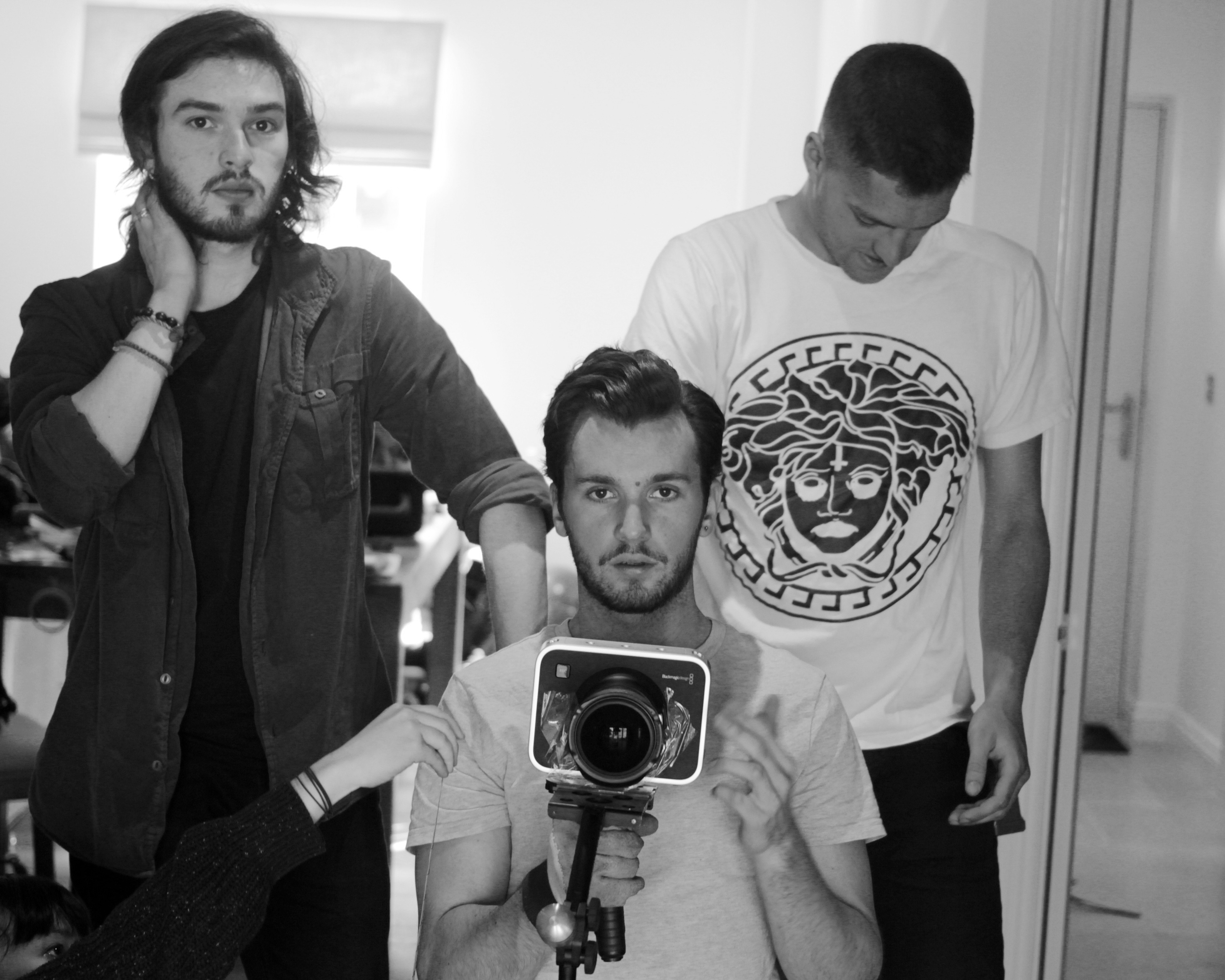 Christopher Andrews, Sound Production (left), Christian Gordon, Writer, Director (centre), Jack Hamilton, Lighting Director (right) On the set of THE MAN (2015)