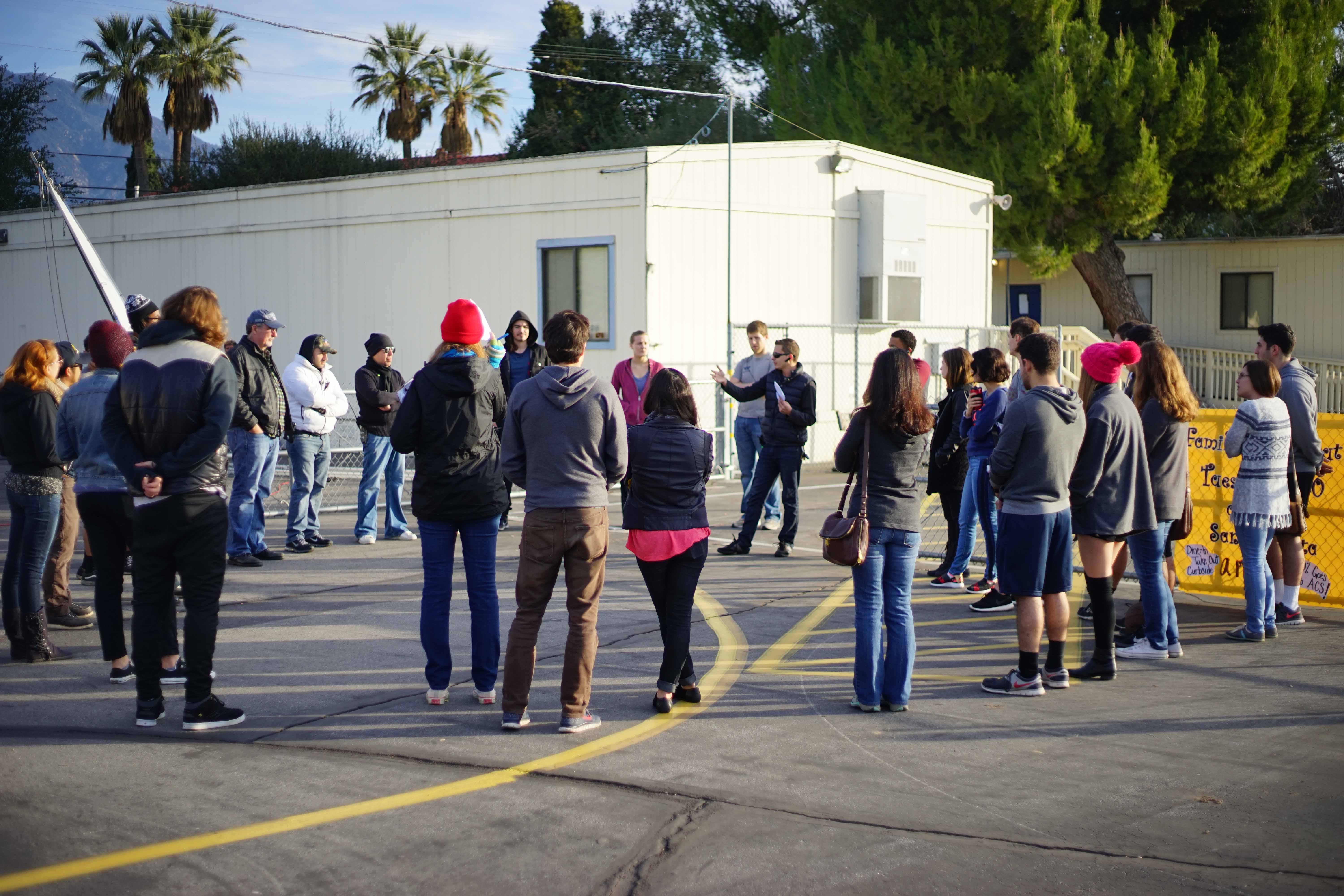 Conducting a safety meeting as the 1st AD on the set of Alison's Choice.