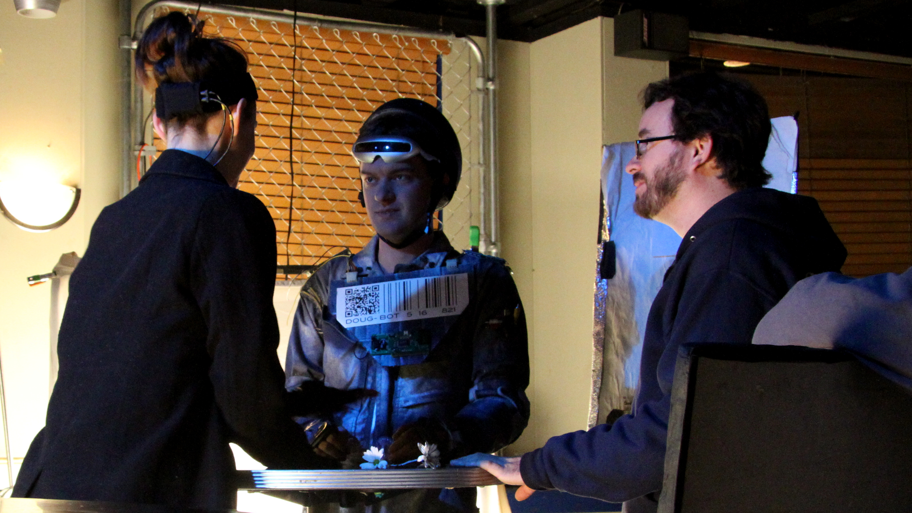Alex Griffin, director, with actors Kelly Russo and Russell Nauman on the set of the live action/motion capture hybrid 'Some Like it BOT!'