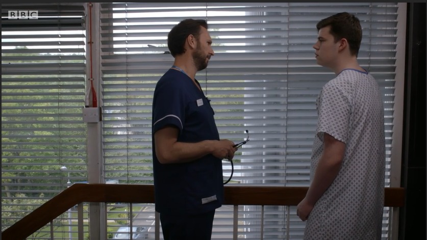 Max J Green as Stephen Holting in a Scene with Alex Walkinshaw as Fletch in Holby City, Episode Title Return to Innocence. S17 Ep 42. All time Episode number 777