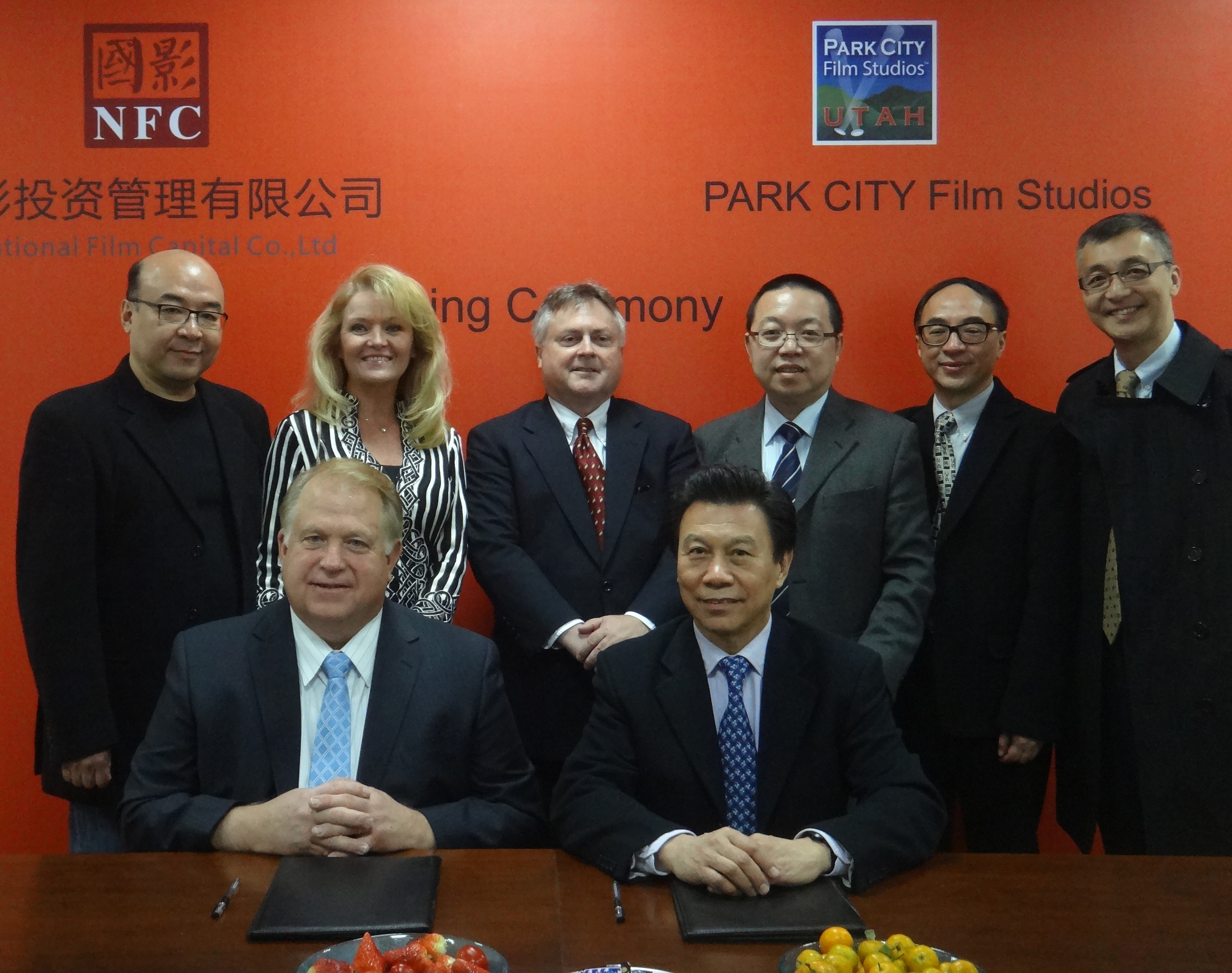 Beijing. Signing ceremony for memorandum of understanding arranged by Adventure Entertainment Cos. LLC, defining framework for cooperation by and between National Film Capital China Co. Ltd., and Park City Film Studios.