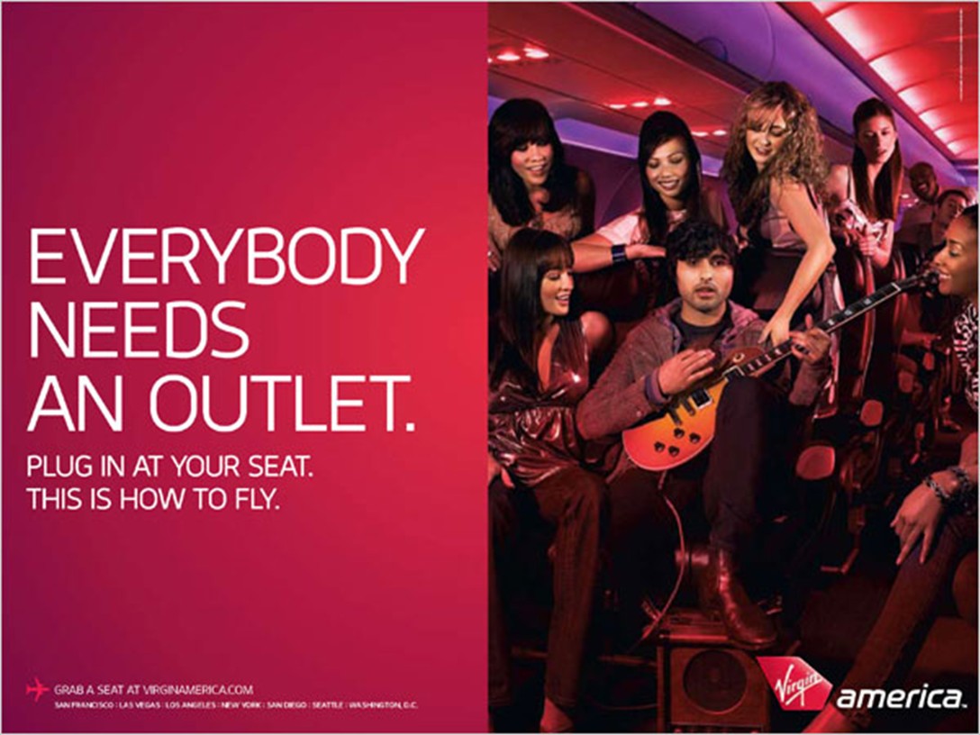 Virgin America's first National Ad campaign. Billboards, magazines, building walls Lydia is standing top left.