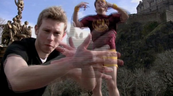 Chris Hobbs (left) and Matt Werner (right) impersonating Michael Cera in Juno. Screengrab from 