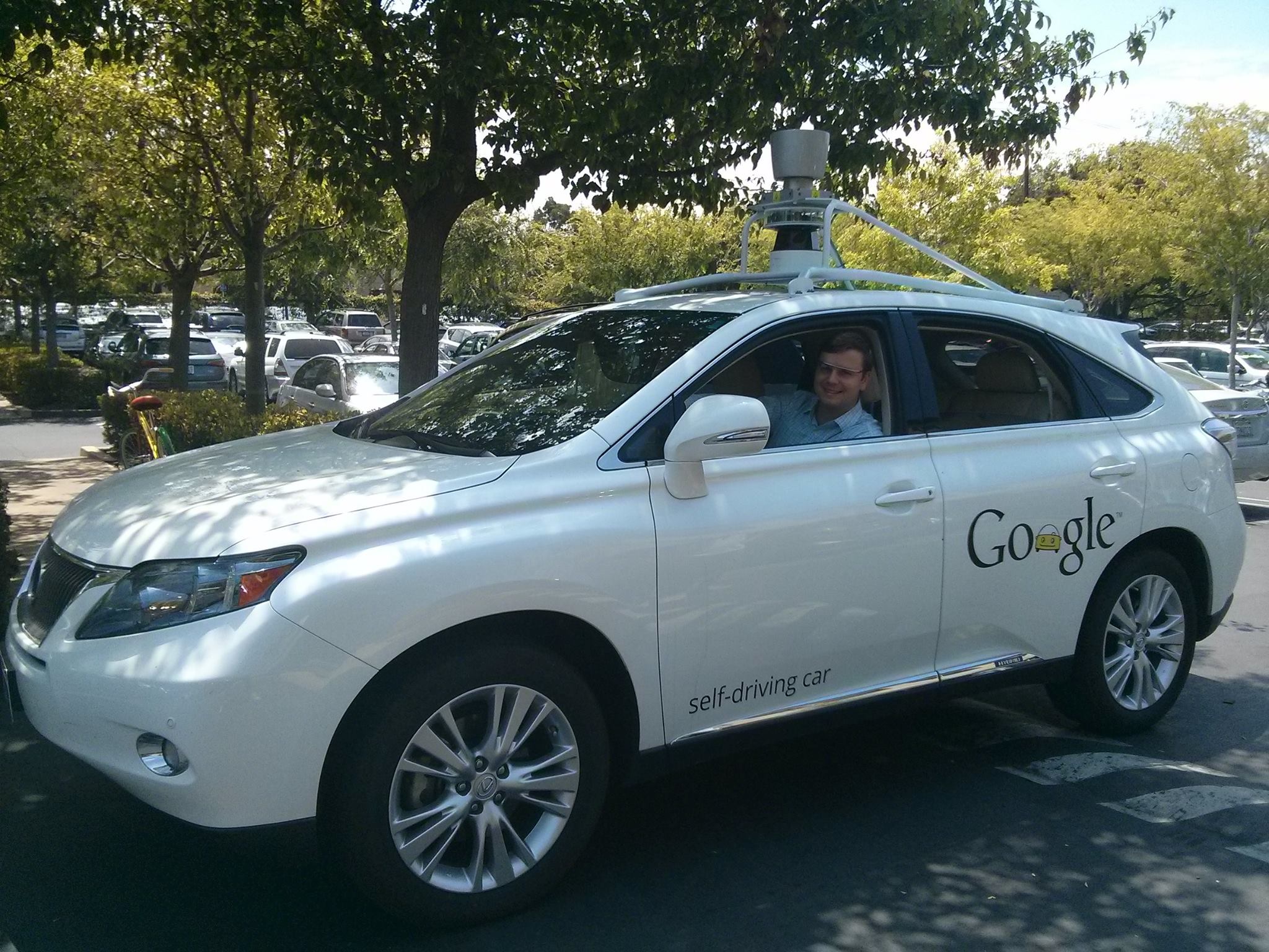 Matt Werner in a self-driving car at the Google office in Mountain View, California in summer, 2014.