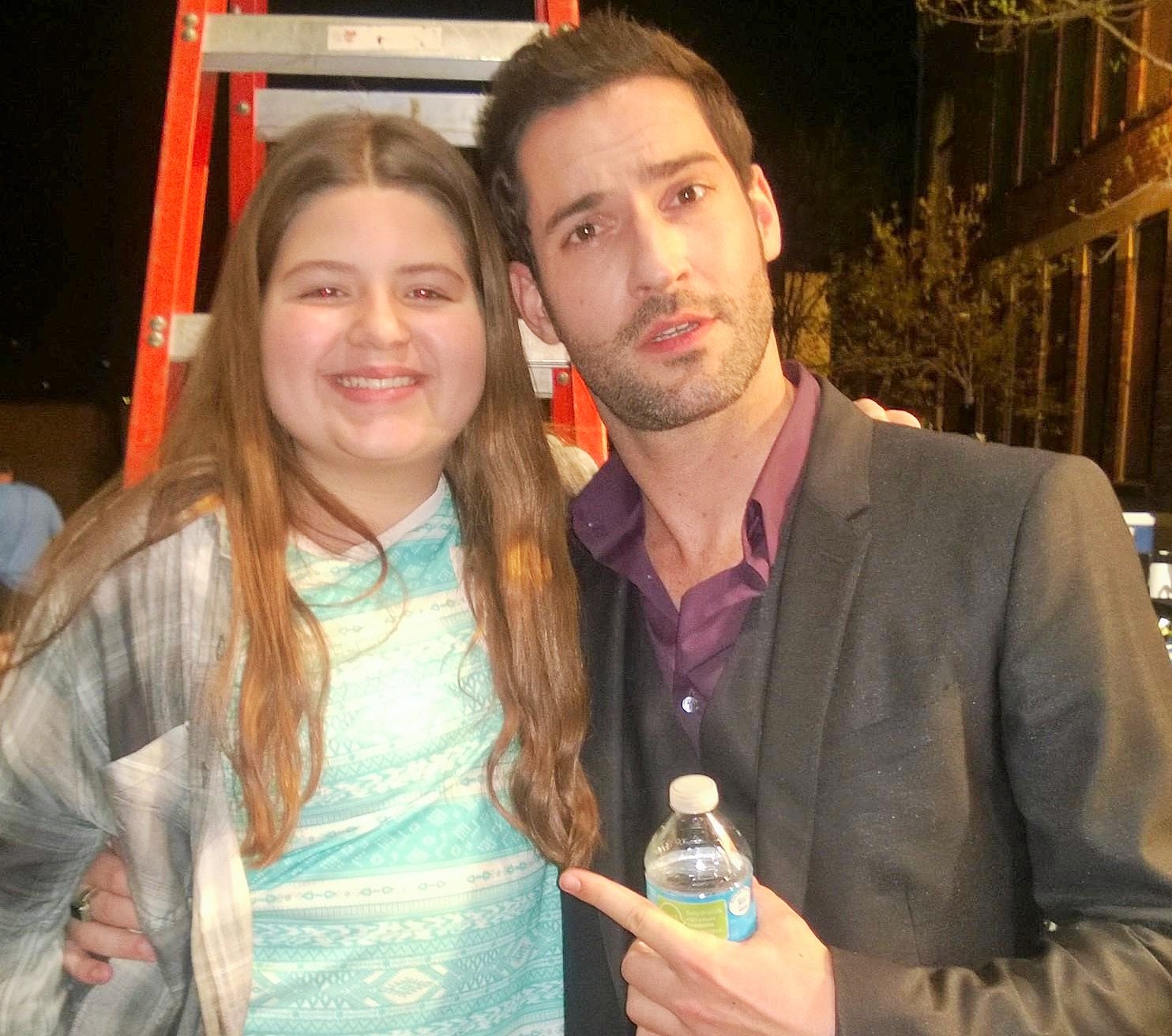 Leah with Tom Ellis on the set of Lucifer filming Pilot.